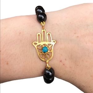 Hamsa black agate Beaded stretch Bracelet